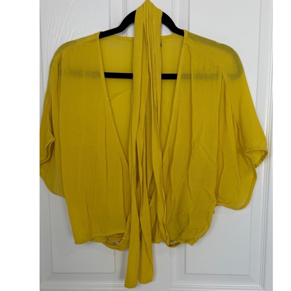 Premme Mustard Yellow Rayon Wrap Crop Top Short Sleeve Marigold Size 0 - Picture 2 of 11